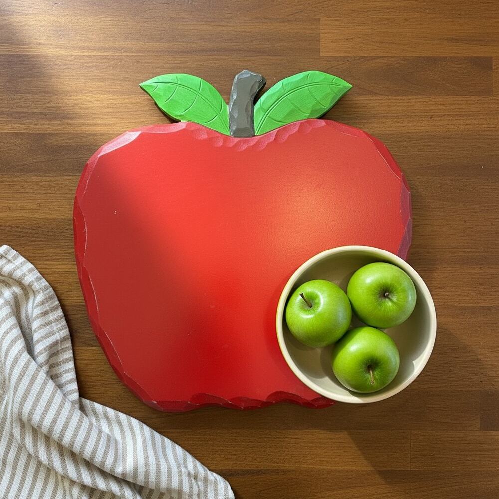 Vintage Wooden Apple Lazy Susan-Red Painted-Folk Art-Farmhouse Kitchen-Country
